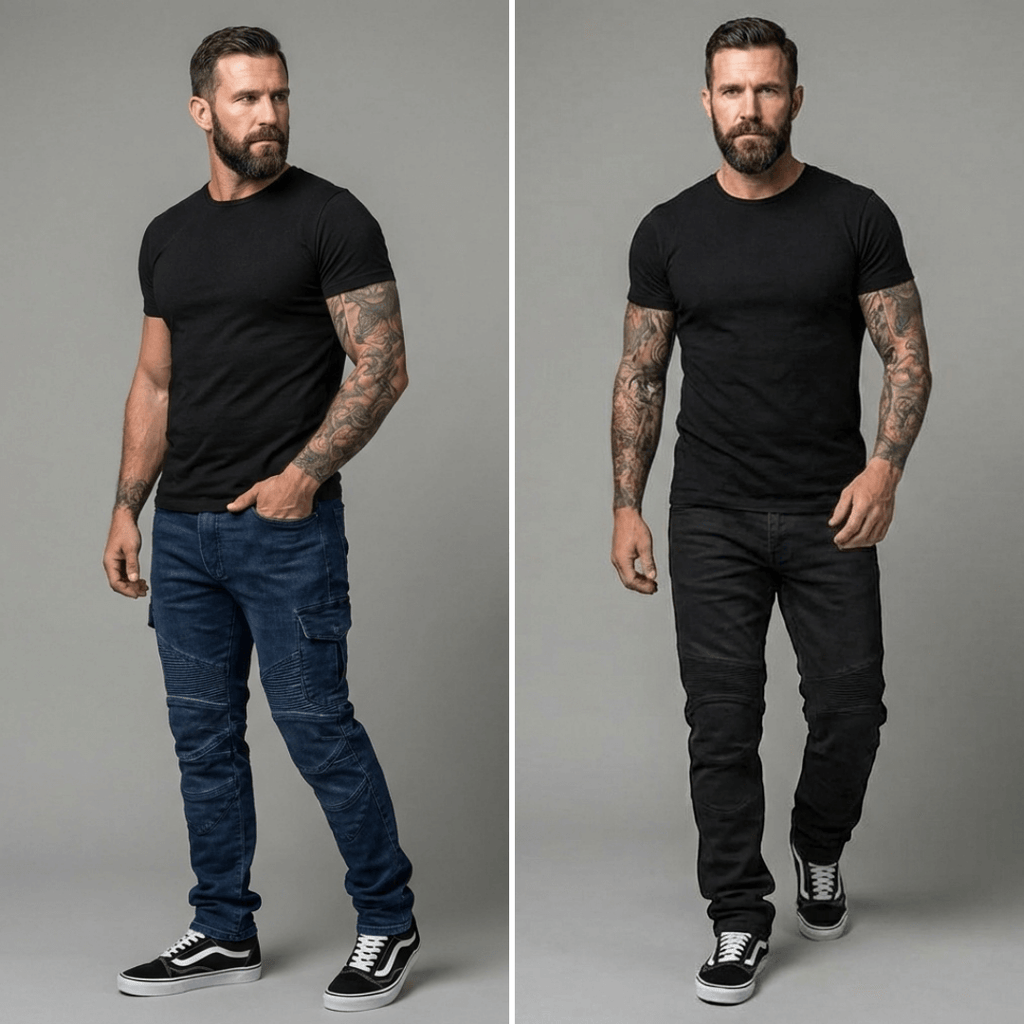 The Warden Riding Jean — blue and black side by side