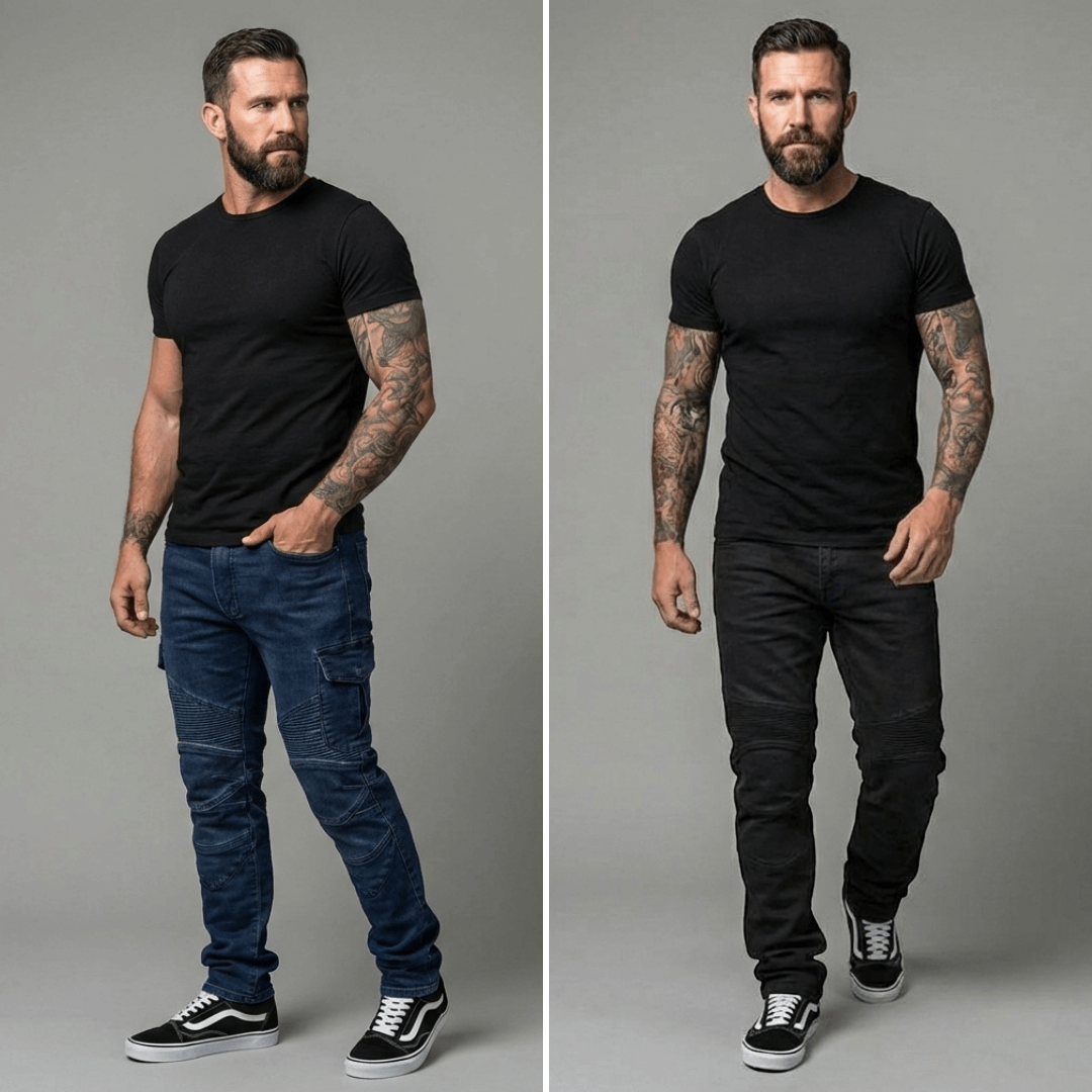 The Warden Riding Jean — blue and black side by side