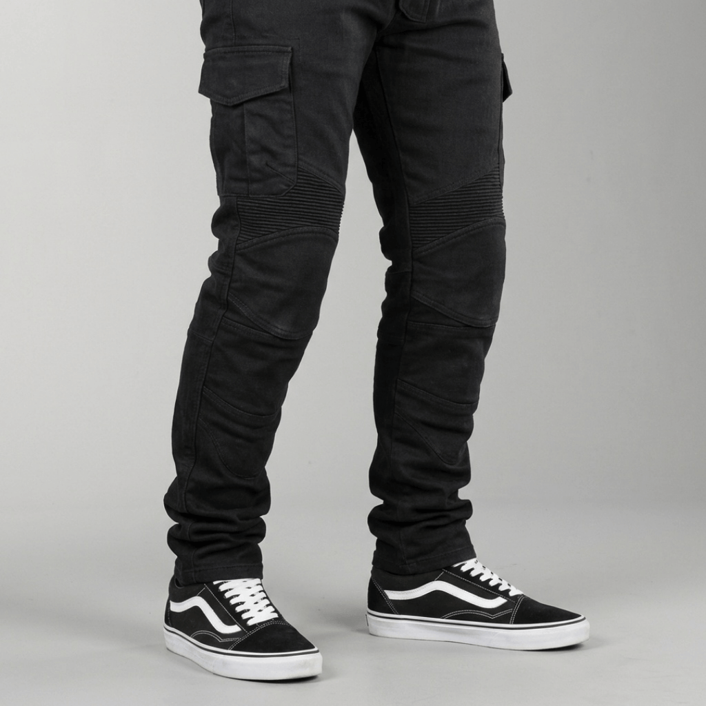 The Warden Riding Jean in black — 45 degree leg detail