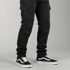 The Warden Riding Jean in black — 45 degree leg detail