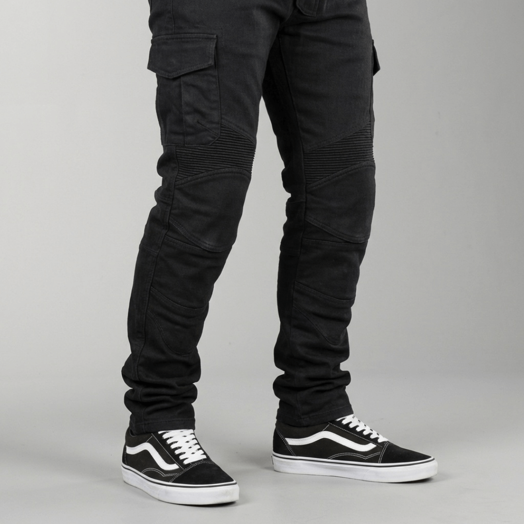 The Warden Riding Jean in black — 45 degree leg detail