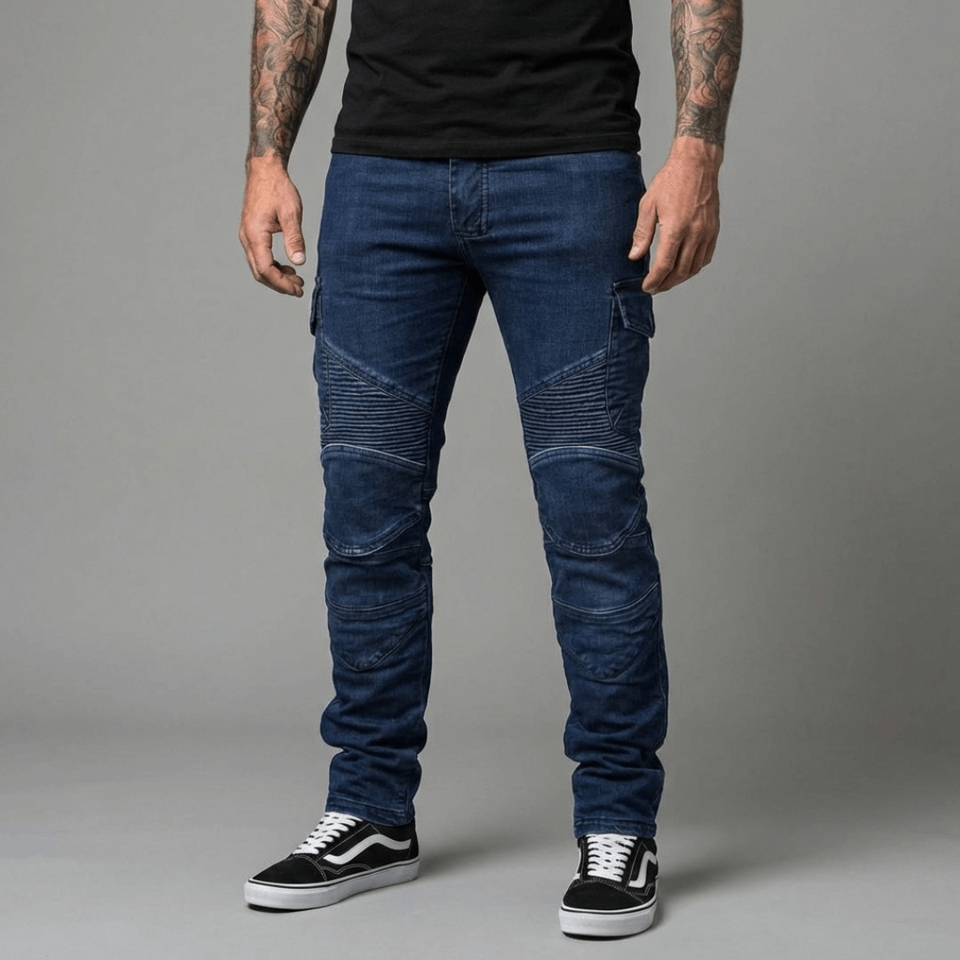 The Warden Riding Jean in blue — 45 degree detail