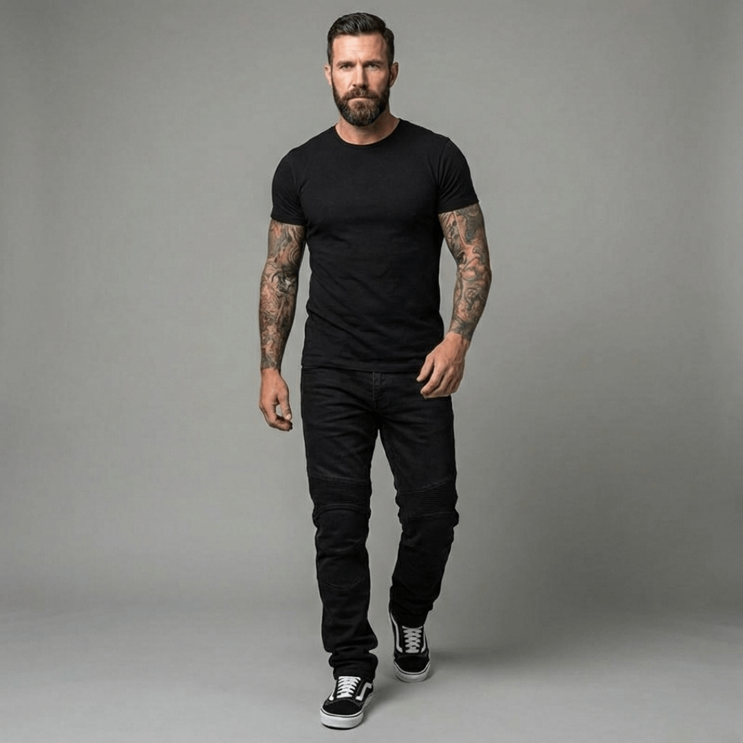 The Warden Riding Jean in black — front, full silhouette