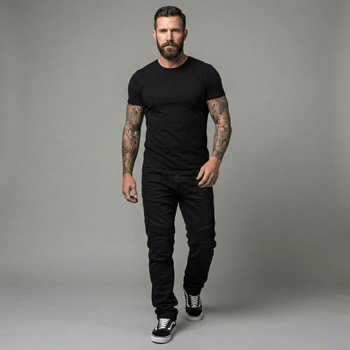 The Warden Riding Jean in black — front, full silhouette