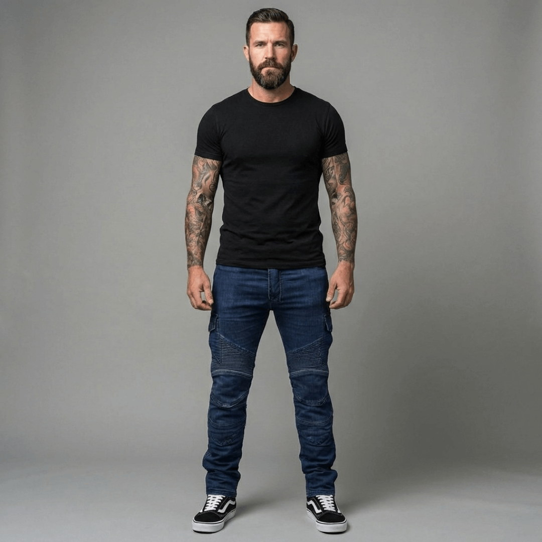 The Warden Riding Jean in blue — front, full silhouette