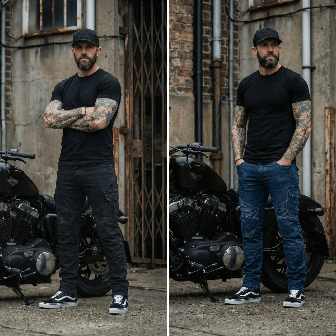 Riders wearing the Warden Riding Jean in black and blue