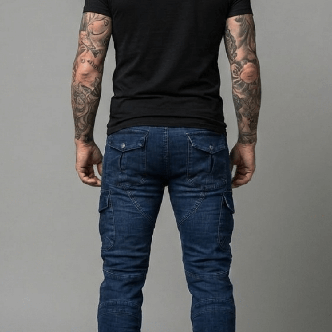 The Warden Riding Jean in blue — back view