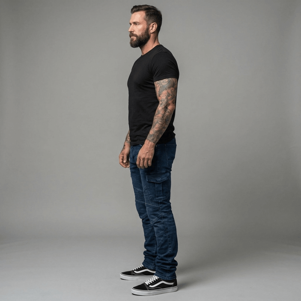 The Warden Riding Jean in blue — side profile