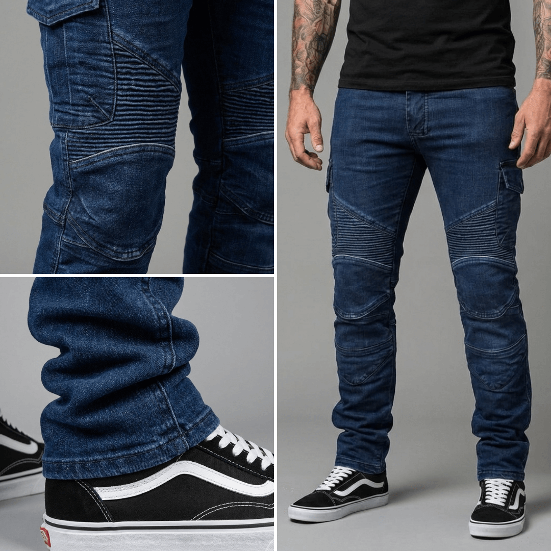 The Warden Riding Jean in blue — stitching and hem close-ups