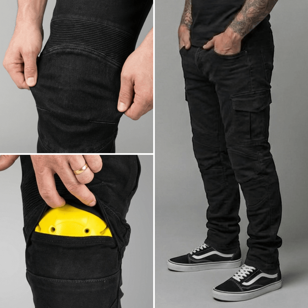 The Warden Riding Jean in black — removable knee armour pocket