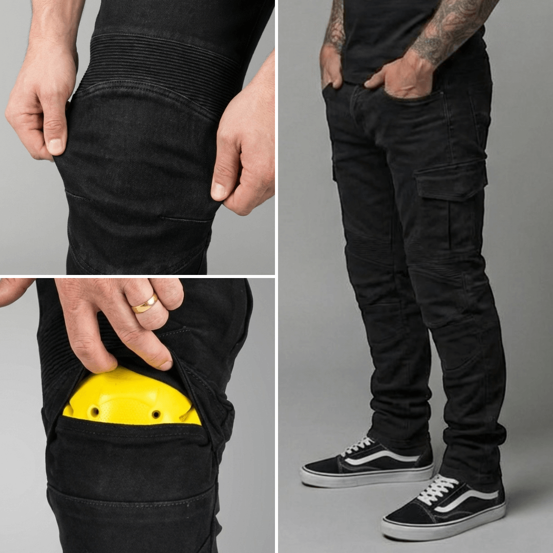 The Warden Riding Jean in black — removable knee armour pocket