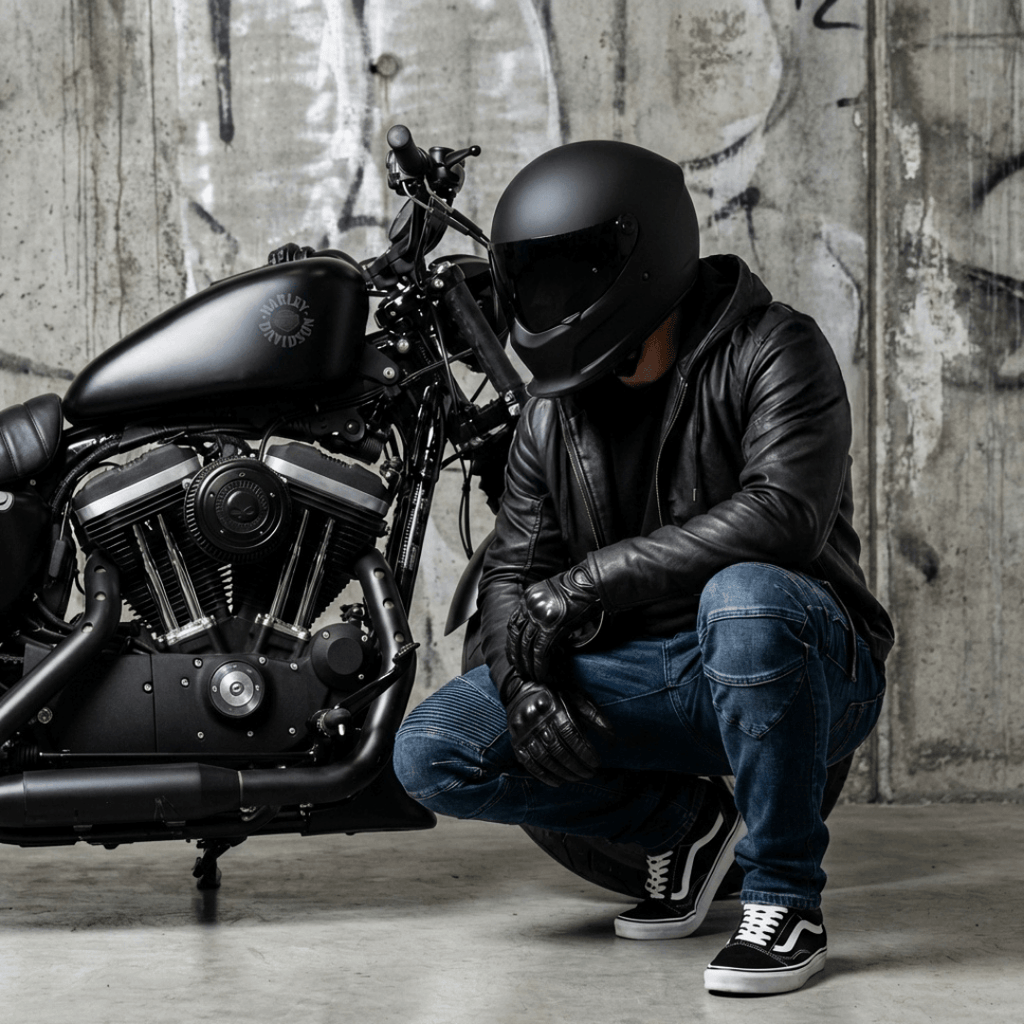Rider in the Warden Riding Jean beside a motorcycle