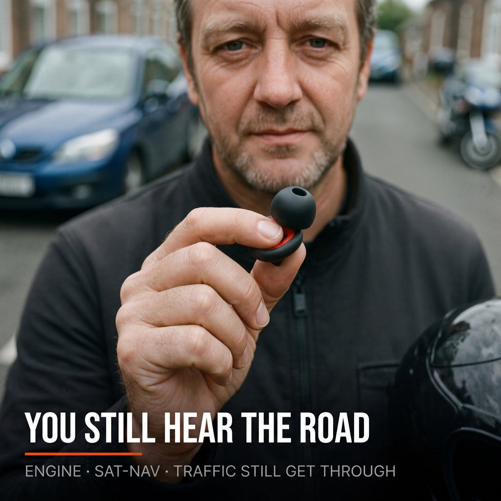 Rider holding a WARDEN earplug - you still hear the road