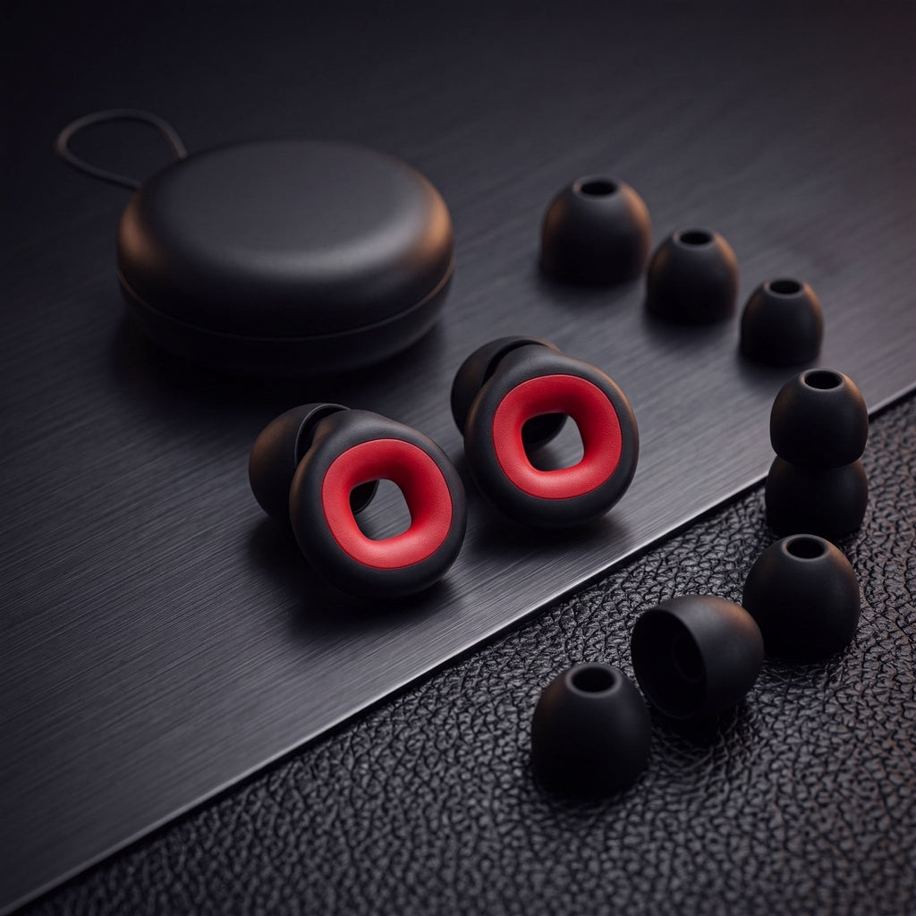 WARDEN moto earplugs, travel case and ear-tips on a dark premium surface