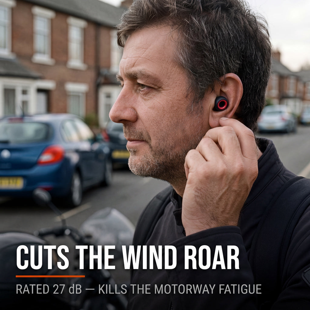 Cuts the wind roar - rated 27 dB. Motorcyclist fitting a WARDEN earplug