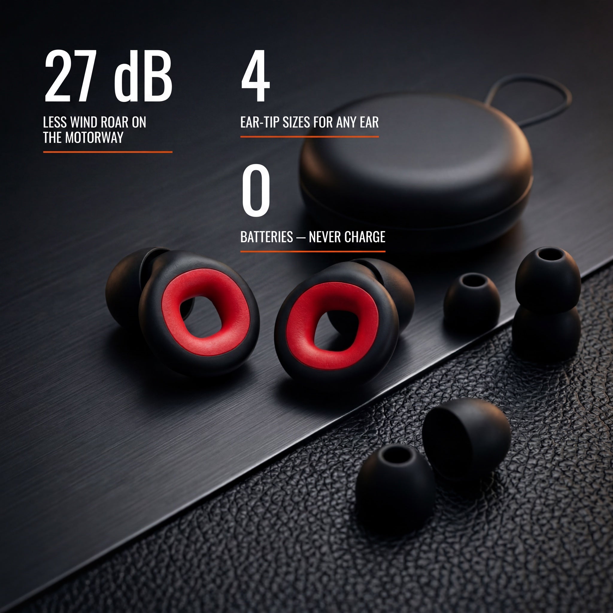 WARDEN earplugs stats: 27 dB reduction, 4 ear-tip sizes, 0 batteries